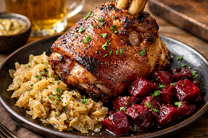 Roasted pork knuckle with sauerkraut and stewed beets