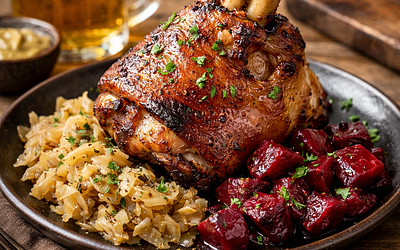 Roasted pork knuckle with sauerkraut and stewed beets