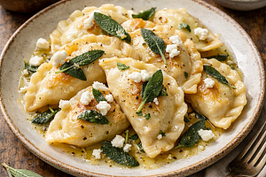 Pierogi with Sauerkraut and Goat Cheese, Drizzled with Sage Butter