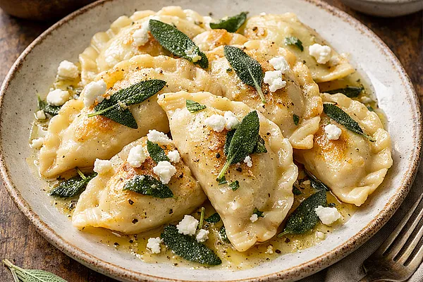 Pierogi z kapustą kiszoną i kozim serem, polane masłem szałwiowym
