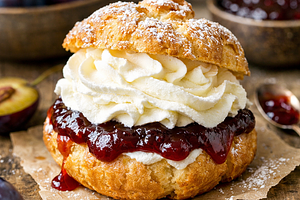 Street cream puff with cream and plum jam
