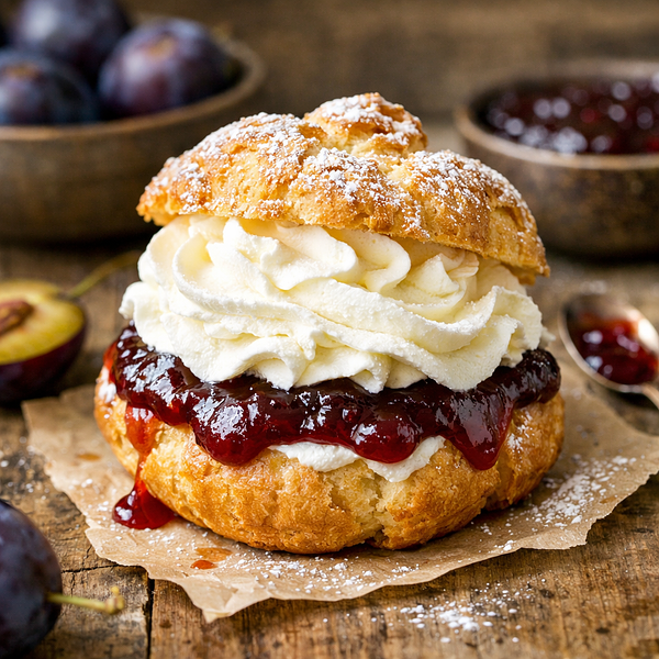 Ptyś uliczny z kremem śmietankowym i powidłami śliwkowymi