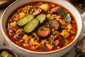 Kapuściana zupa gulaszowa z mazurską kiełbasą i ogórkiem konserwowym