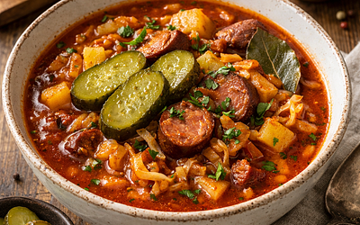 Cabbage goulash soup with Masurian sausage and pickled cucumber