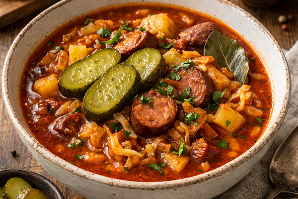 Kapuściana zupa gulaszowa z mazurską kiełbasą i ogórkiem konserwowym