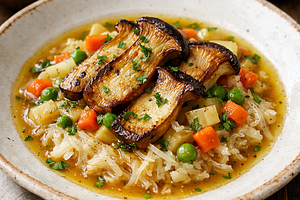 Vegetable soup with sauerkraut and roasted oyster mushrooms