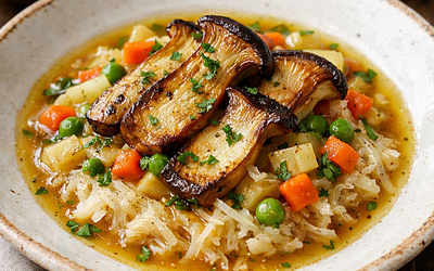 Vegetable soup with sauerkraut and roasted oyster mushrooms