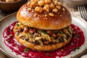 Roll with crispy cracklings, roasted sauerkraut, and pickled beet sauce