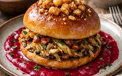 Roll with crispy cracklings, roasted sauerkraut, and pickled beet sauce