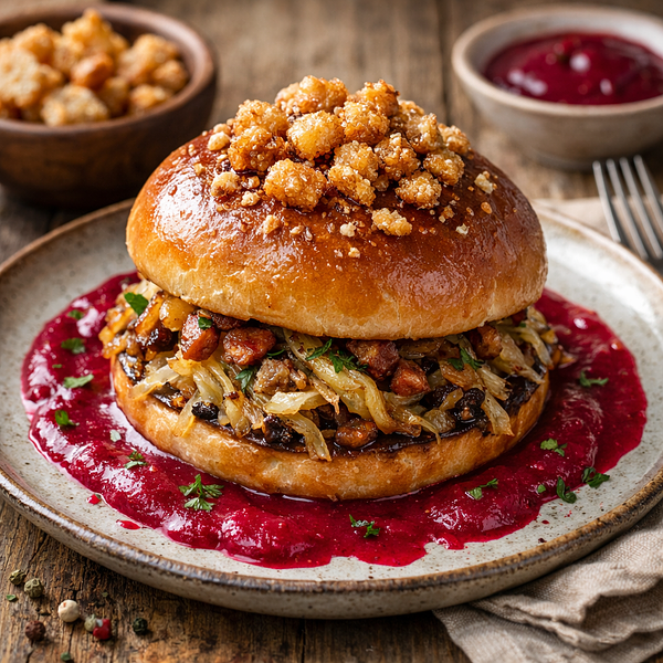 Bułka z chrupiącą skwarką, prażoną kiszoną kapustą i sosem z marynowanych buraków