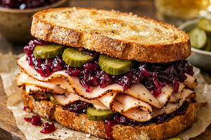 Warm Sandwich with Turkey Pastrami, Red Cabbage Jam, and Pickled Cucumber