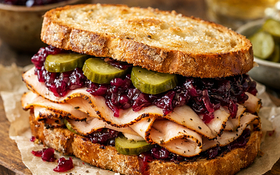 Warm Sandwich with Turkey Pastrami, Red Cabbage Jam, and Pickled Cucumber