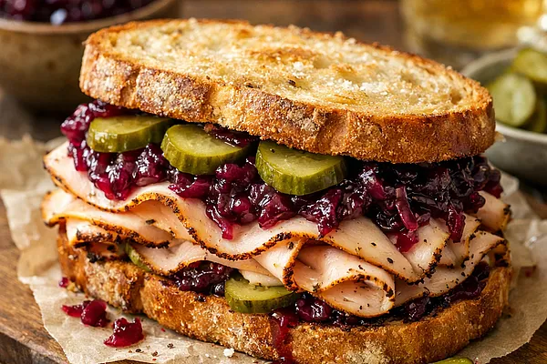 Kanapka na ciepło z pastrami z indyka, konfiturą z czerwonej kapusty i kiszonym ogórkiem