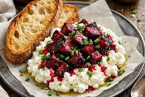 Street-style cottage cheese with roasted beets, chives, and sourdough bread