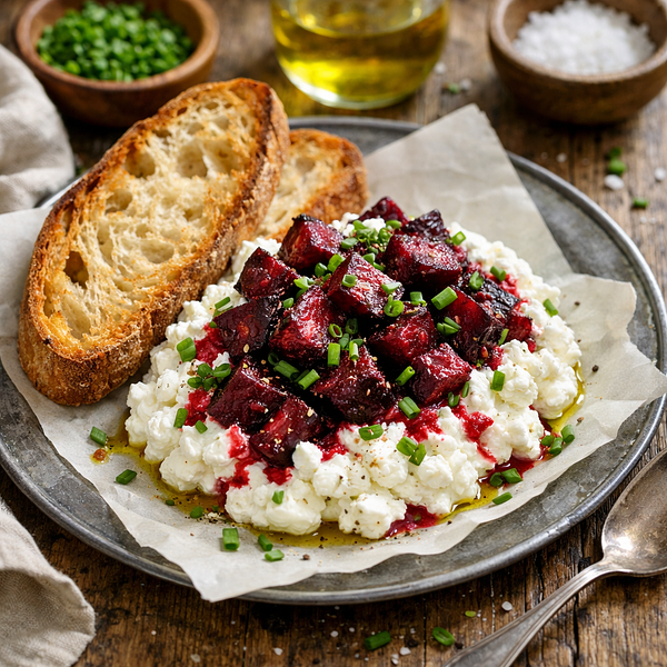 Twarożek uliczny z prażonymi burakami, szczypiorkiem i chlebem zakwasowym