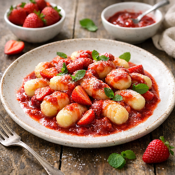 Kopytka z sosem truskawkowym