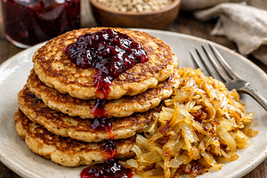 Barley pancakes with jam and stewed cabbage in sugar