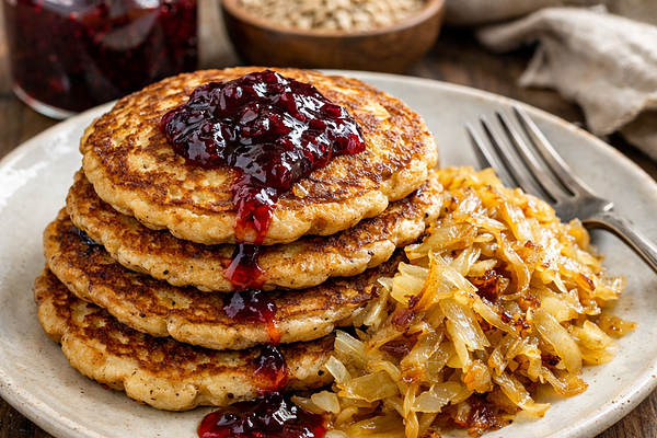 Placuszki jęczmienne z powidłami i duszoną kapustą w cukrze