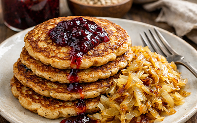 Barley pancakes with jam and stewed cabbage in sugar
