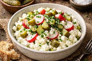 Cottage cheese with pickled cucumbers, radishes, and chives