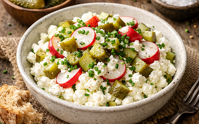 Cottage cheese with pickled cucumbers, radishes, and chives