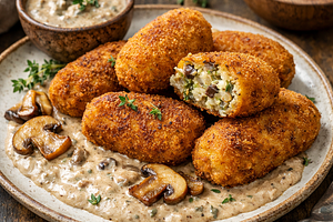 Cabbage and Mushroom Croquettes served with Porcini Sauce.
