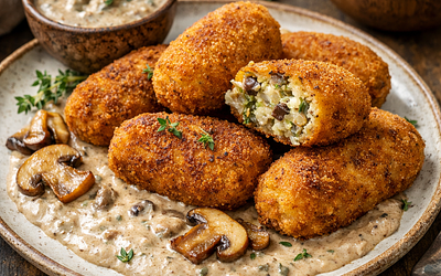 Krokiety z kapustą i grzybami podane z sosem borowikowym.