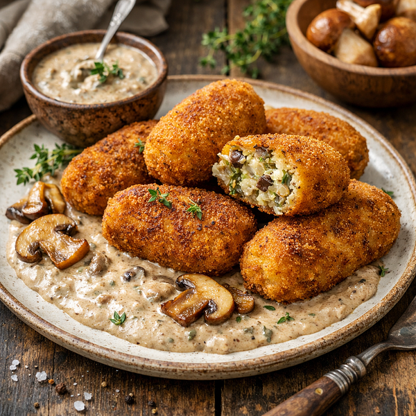 Krokiety z kapustą i grzybami podane z sosem borowikowym.