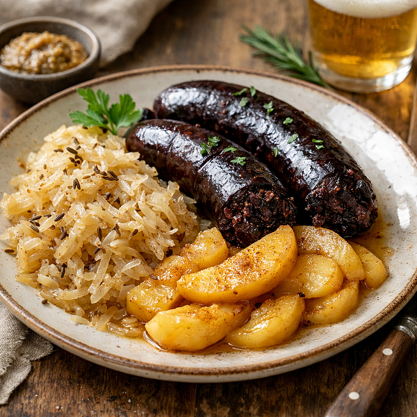 Kaszanka pieczona z kiszoną kapustą i duszonymi jabłkami