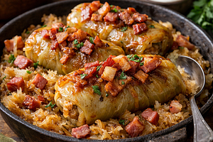 Krakow-style stuffed cabbage rolls with sauerkraut and smoked bacon