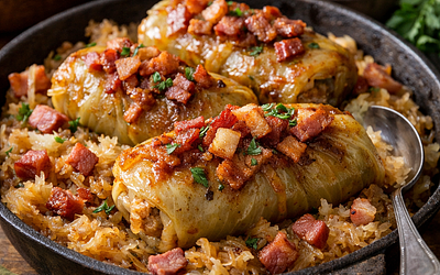 Krakow-style stuffed cabbage rolls with sauerkraut and smoked bacon