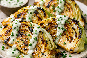 Grilled slices of white cabbage with chive sauce