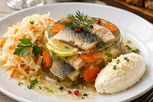 Carp in jelly with sauerkraut and horseradish mousse