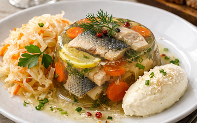 Carp in jelly with sauerkraut and horseradish mousse