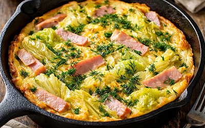 Pieczony omlet z kapustą pekińską, szynką z indyka i koperkiem