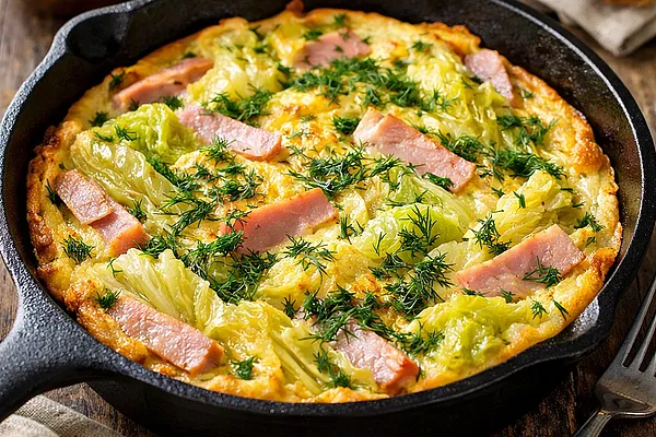 Pieczony omlet z kapustą pekińską, szynką z indyka i koperkiem