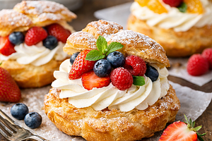 Profiteroles with whipped cream and fruit (Polish-modern)