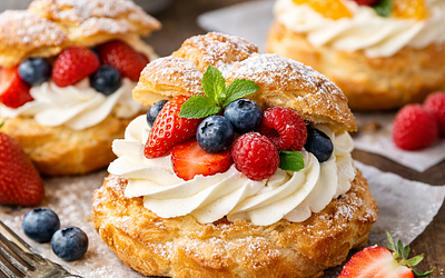 Profiteroles with whipped cream and fruit (Polish-modern)