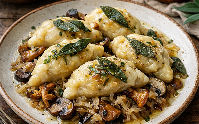 Pierogi góralskie z kapustą kiszoną i grzybami, polane masłem szałwiowym