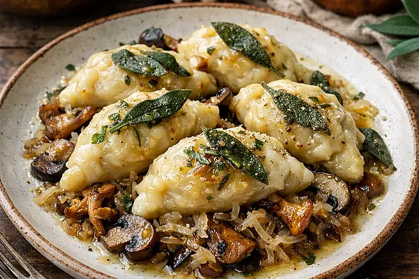 Pierogi góralskie z kapustą kiszoną i grzybami, polane masłem szałwiowym