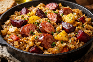 Bacowski pot – stewed cabbage with sausage, potatoes, and beets