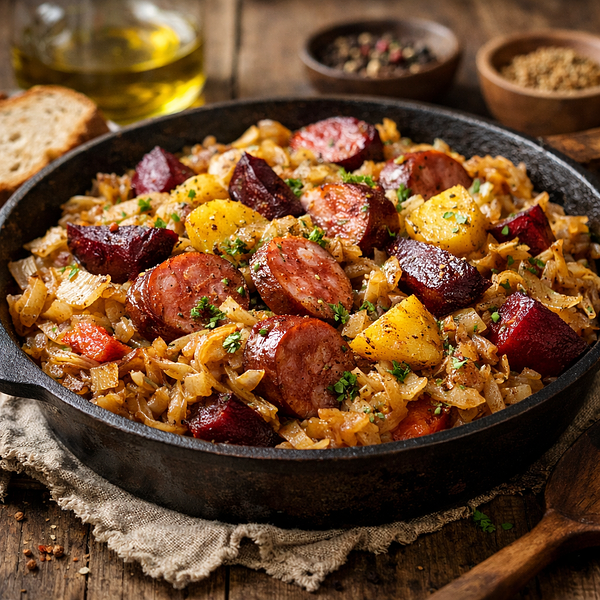 Bacowski pot – stewed cabbage with sausage, potatoes, and beets