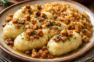Highland Dumplings with Stewed Sauerkraut and Cracklings