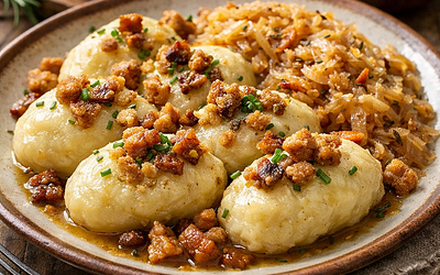 Kopytka góralskie z duszoną kiszoną kapustą i skwarkami