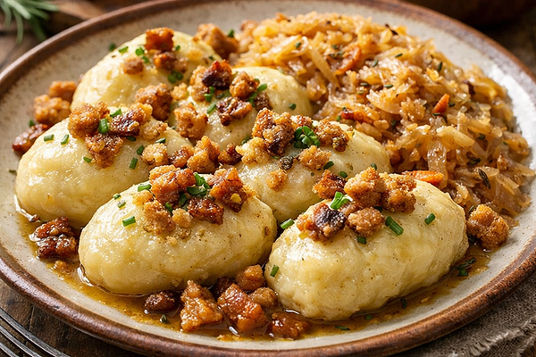 Kopytka góralskie z duszoną kiszoną kapustą i skwarkami