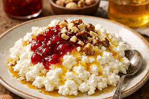 Cottage cheese with honey, nuts, and red currant jam
