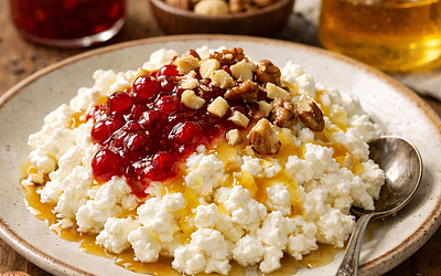 Cottage cheese with honey, nuts, and red currant jam