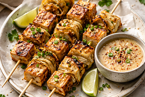 Skewers of marinated cabbage and tofu with sesame dip
