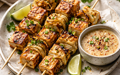Skewers of marinated cabbage and tofu with sesame dip