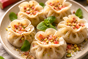 Flower dumplings with cheese and rhubarb
